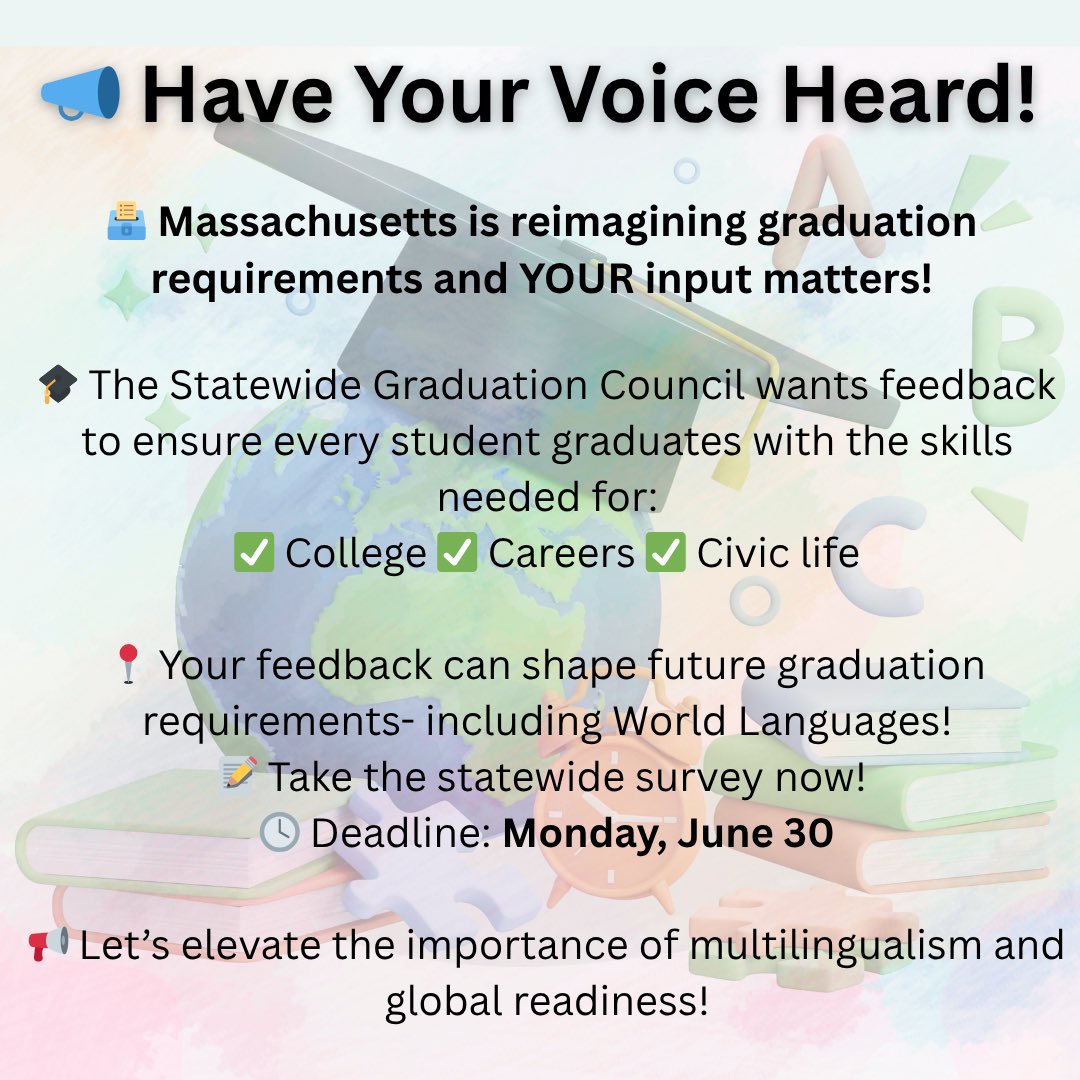 📣 The more voices, the more impact!
The survey includes Qs on World Languages &amp; the Seal of Biliteracy, a chance to speak up for multilingualism in our schools for a well-rounded education! 🗣️🌎
🗓️ Open through June 30
🔗 survey.alchemer.com/s3/8327795/Sta…