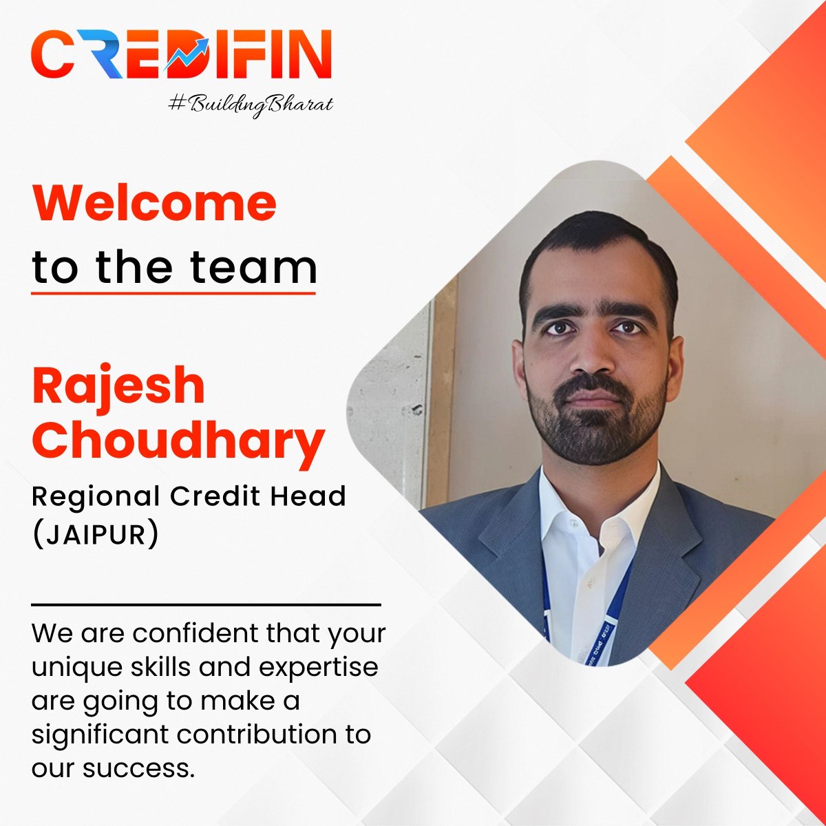 Credifin_'s tweet photo. Thrilled to welcome Mr. Rajesh Choudhary as our new Regional Credit Head – Jaipur at Credifin Limited!
His expertise will be key to strengthening our regional impact.

Wishing him a successful journey ahead! 💼🚀 
#Credifin #BuildingBharat #NBFCIndia #TeamCredifin https://t.co/EjK6zZ8cOj