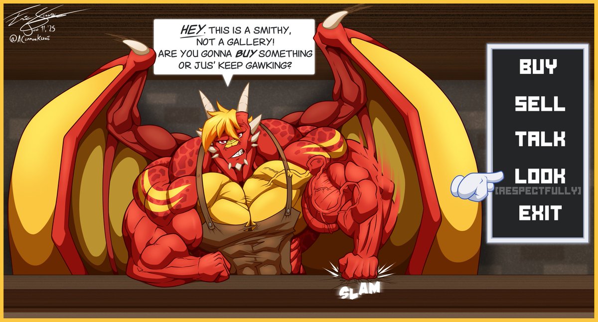 Keane (@acommonkeane) on Twitter photo First comm of the batch for <a href="/PlanetSizedDrgn/">planetsizeddrgn.bsky.social</a>!
Much to his chagrin, any RPG player knows that if an option exists in a menu, someone *will* inevitably pick it at some point. First comm of the batch for <a href="/PlanetSizedDrgn/">planetsizeddrgn.bsky.social</a>!
Much to his chagrin, any RPG player knows that if an option exists in a menu, someone *will* inevitably pick it at some point.