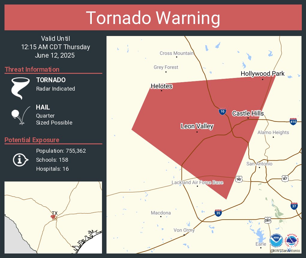 Tornado Warning including Leon Valley TX, Helotes TX and  Castle Hills TX until 12:15 AM CDT