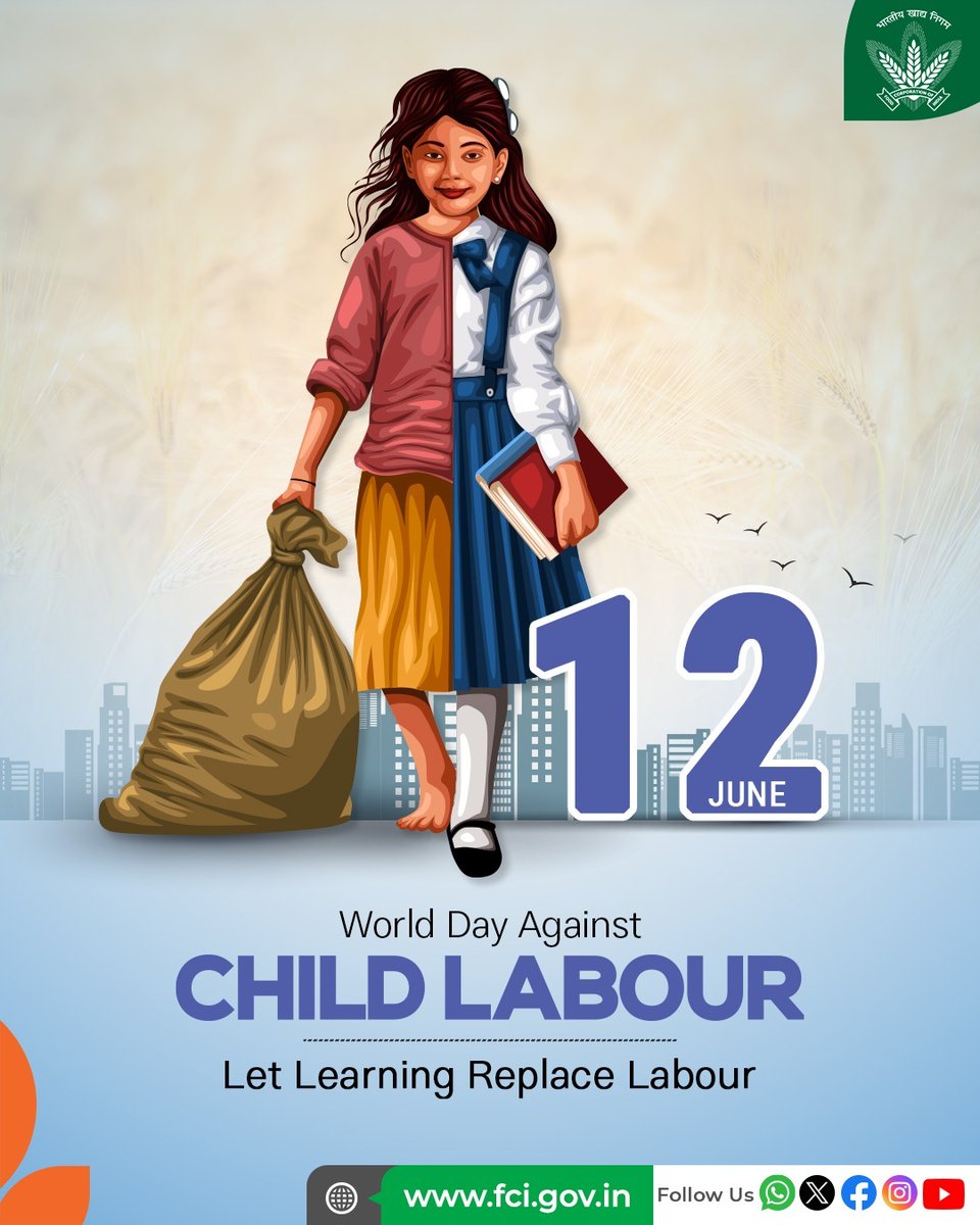 On this World Day Against Child Labour, FCI reaffirms its commitment to supporting a future where every child can learn, play, and grow in safety.

By providing food grains for PM POSHAN, FCI helps encourage parents to send their children to school.
Let’s pledge to protect their
