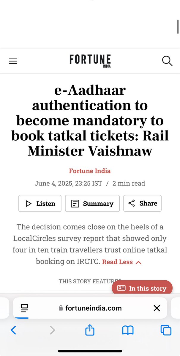 Finally government has listened to what I had highlighted recently about tatkal bookings. Good to see this action by Rail Ministry! 
fortuneindia.com/business-news/…