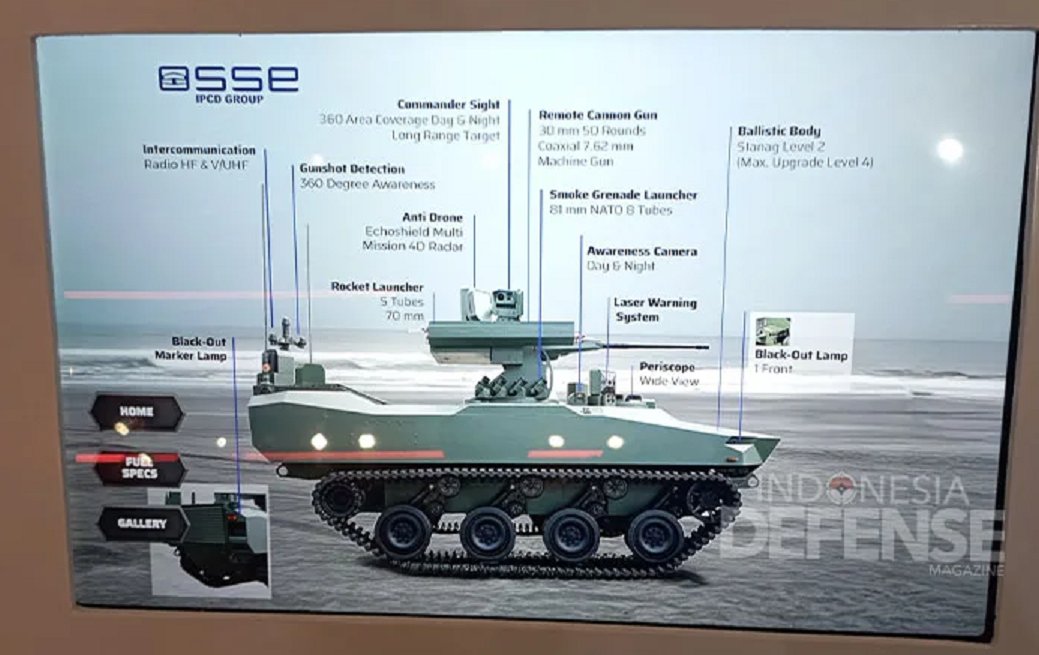 P8 'multi-system' light tank developed by Indonesian PT Surya Sentra Ekajaya (SSE) in cooperation with Indonesian Army Cavalry Weapons Center (Pussenkav). Anti-drone weapon system developed using KNDS France technology.Hybrid drive with a diesel engine and an electric motor,