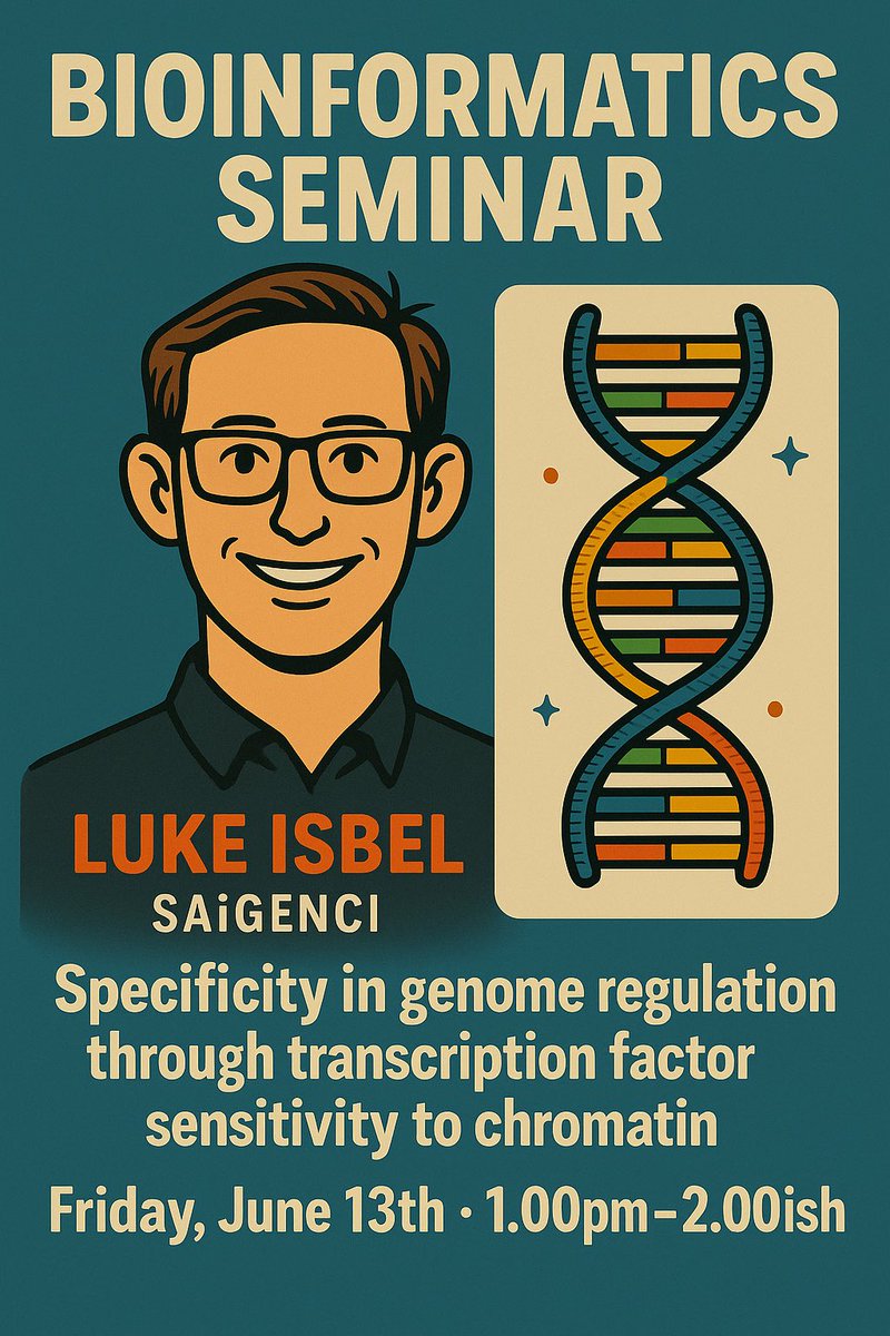 doppeldata's tweet image. Come to the #Bioinformatics Seminar this Friday, 13 June at 1:00pm where @LukeIsbel from @SAiGENCI will present:
“Specificity in genome regulation through transcription factor sensitivity to chromatin.”
Full details and Zoom link: doppeldata.au/events/events.…