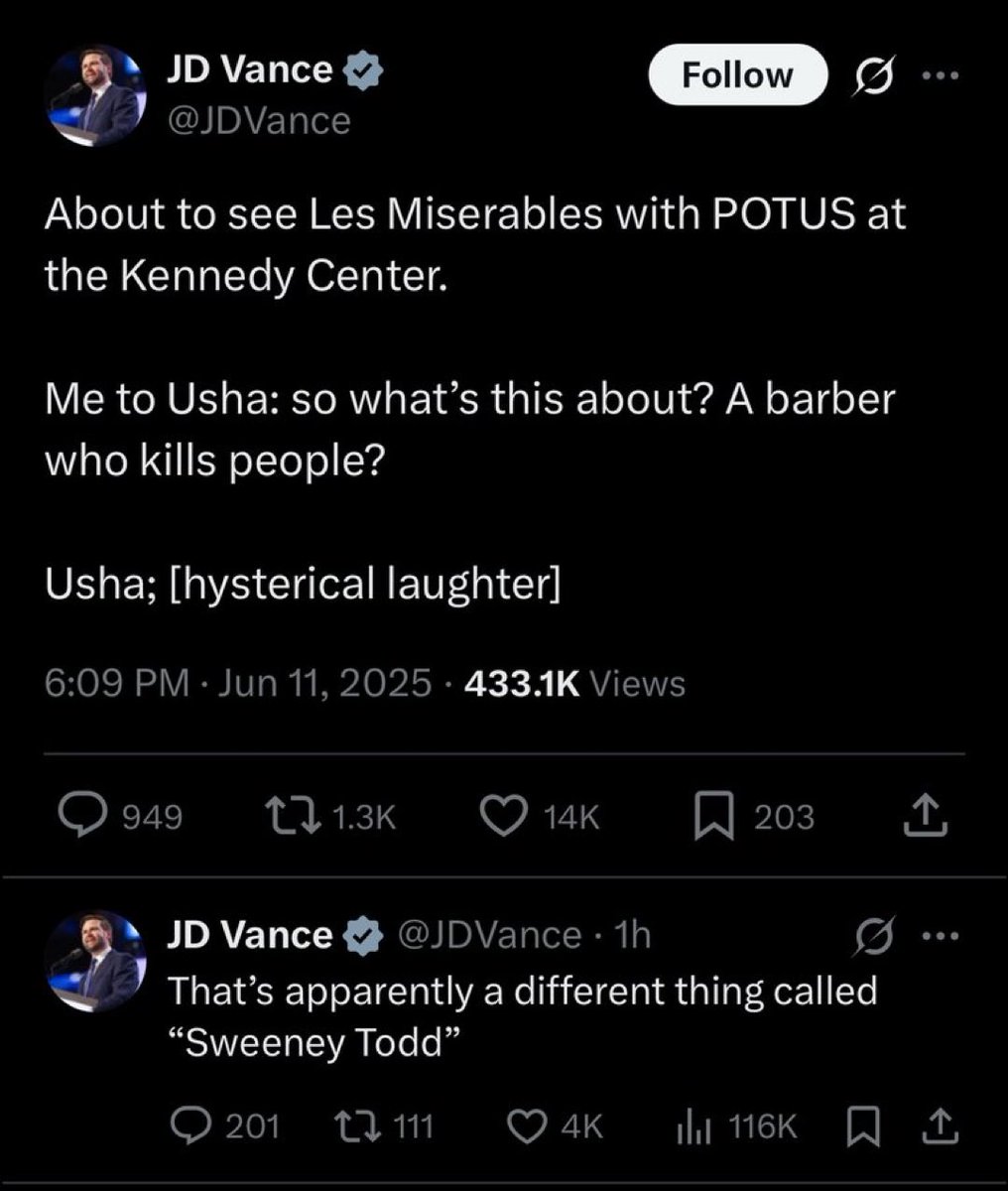 I’m sorry, the only people who would pretend to confuse Sweeney Todd for Les Mis are people who are super into musicals and uncomfortable admitting it.