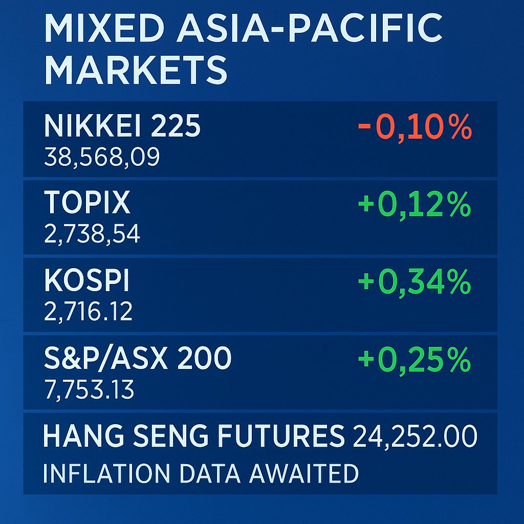 WindInfoUS's tweet image. 📉 Asia-Pacific markets were mixed: Nikkei dipped 0.10%, while Kospi rose 0.34% and ASX 200 added 0.25%.
Hang Seng futures suggest a weaker open as traders await inflation data from the Philippines and Thailand.
#AsiaMarkets #InflationData #HangSeng