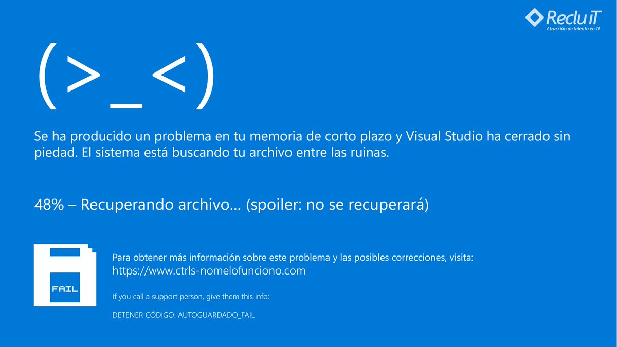 RecluITmx's tweet image. 💻😩 Hay errores que duelen… y hay otros que nos dan ganas de reiniciar nuestra carrera.

Aquí algunas pantallas azules que seguro más de un dev ha visto (al menos mentalmente).

¿Cuál de estas te ha pasado? ¿Qué otra agregarías?

#Humor #PantallaAzul #Programación