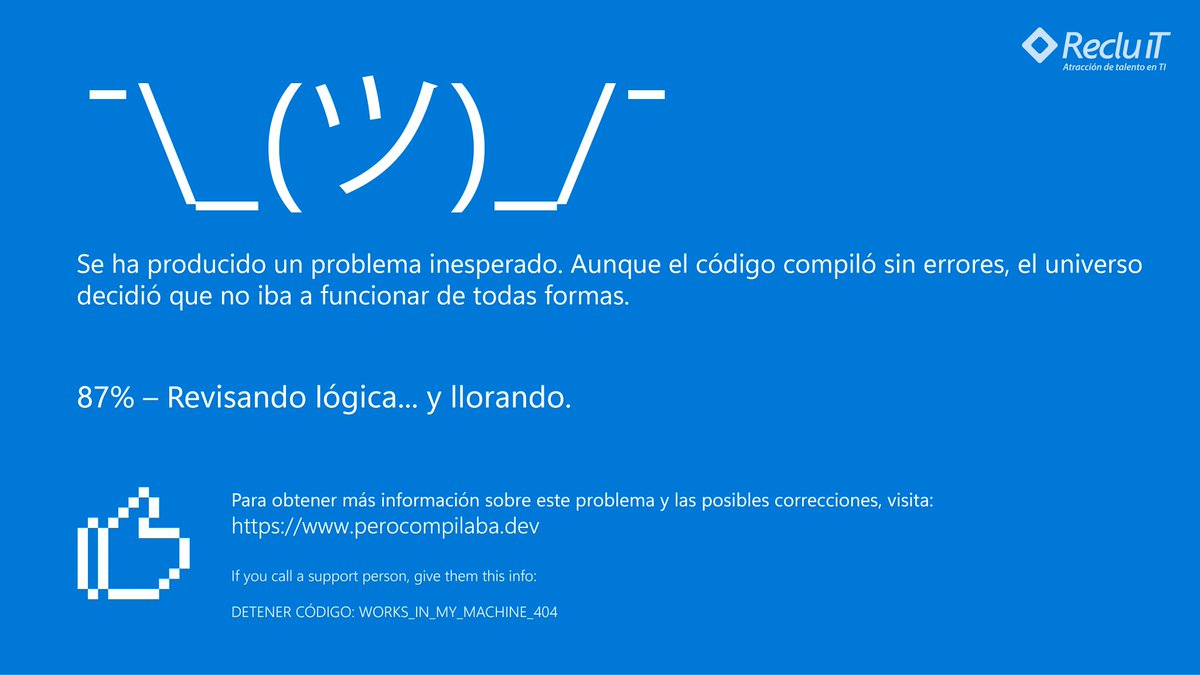 RecluITmx's tweet image. 💻😩 Hay errores que duelen… y hay otros que nos dan ganas de reiniciar nuestra carrera.

Aquí algunas pantallas azules que seguro más de un dev ha visto (al menos mentalmente).

¿Cuál de estas te ha pasado? ¿Qué otra agregarías?

#Humor #PantallaAzul #Programación