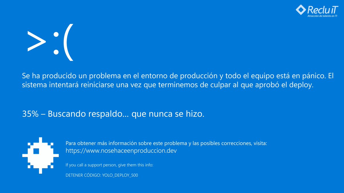 RecluITmx's tweet image. 💻😩 Hay errores que duelen… y hay otros que nos dan ganas de reiniciar nuestra carrera.

Aquí algunas pantallas azules que seguro más de un dev ha visto (al menos mentalmente).

¿Cuál de estas te ha pasado? ¿Qué otra agregarías?

#Humor #PantallaAzul #Programación