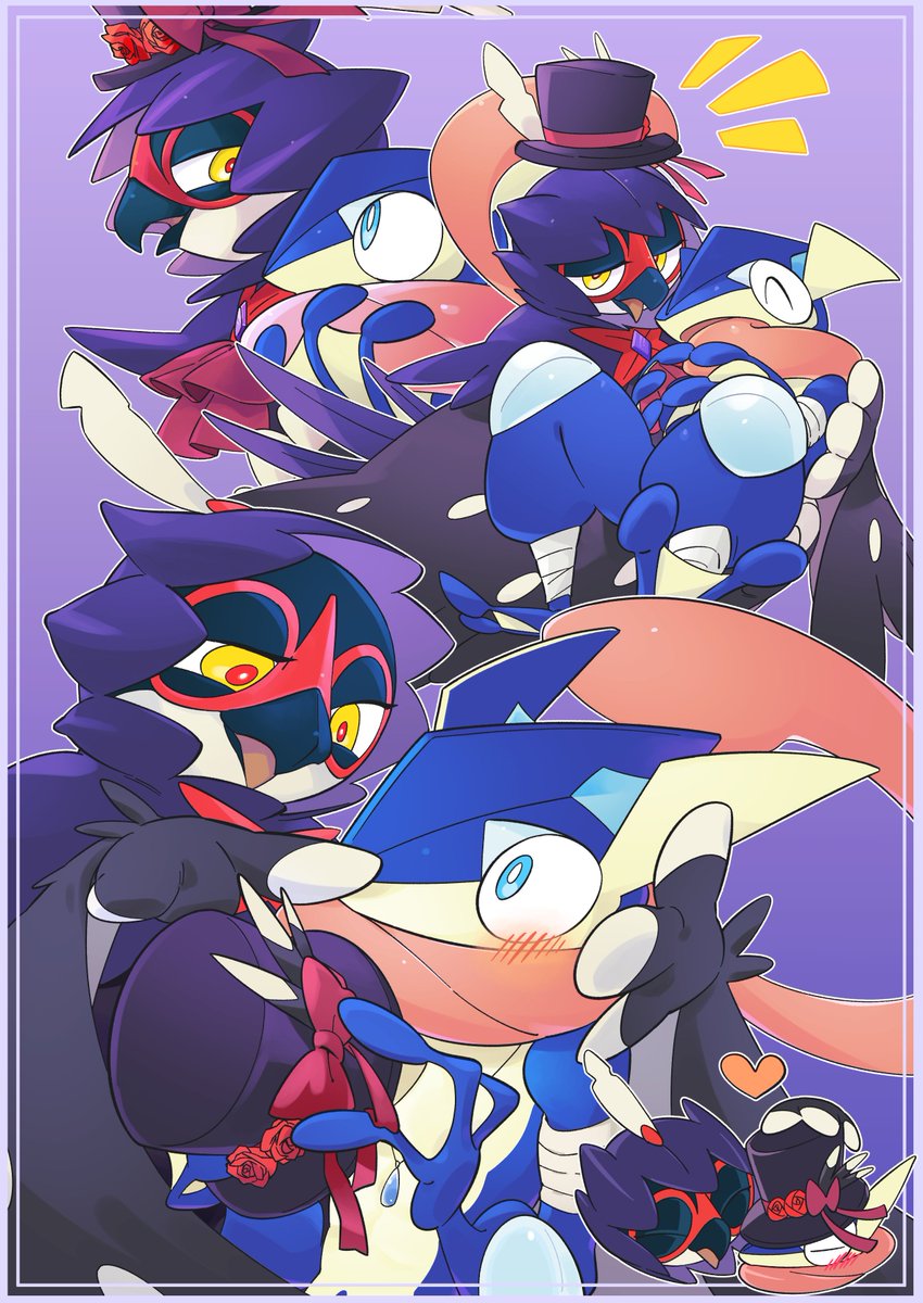 Hat stealing frogje 

Thank you so much <a href="/pkpokopoko3/">ぽこ🐋</a> for this insanely cute art of my Greninja and <a href="/ThatSquirrelly/">Isso 🦉🍃</a>'s  Decidueye! 💙💜