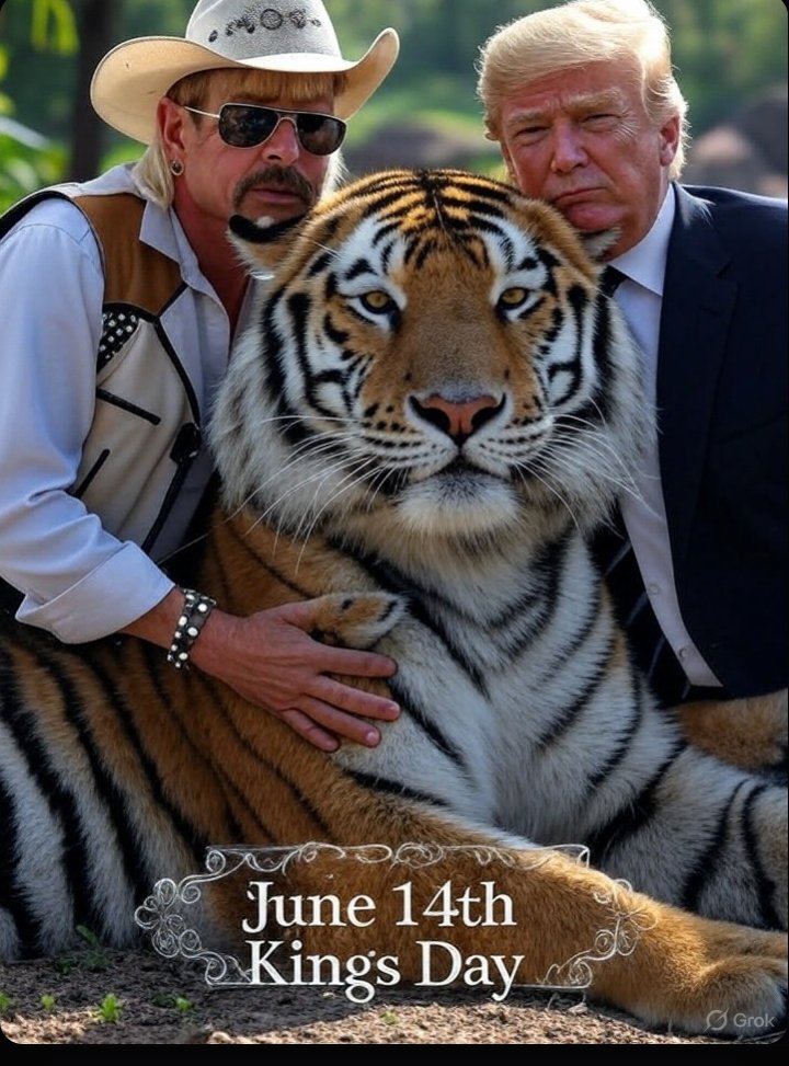 Joe Exotic (@joe_exotic) on Twitter photo Kings Day. June 14th. Bet your ass there are two Kings in America. Protest all you want because these two Kings 👑 ain't going anywhere.
Happy birthday President Trump and U. S. Army
<a href="/realDonaldTrump/">Donald J. Trump</a> <a href="/DonaldJTrumpJr/">Donald Trump Jr.</a> <a href="/StephenM/">Stephen Miller</a> <a href="/EagleEdMartin/">Ed Martin</a> <a href="/joeroganhq/">Joe Rogan Podcast News</a> <a href="/RandyRRQuaid/">Randy Quaid</a> <a href="/mattgaetz/">Matt Gaetz</a> Kings Day. June 14th. Bet your ass there are two Kings in America. Protest all you want because these two Kings 👑 ain't going anywhere.
Happy birthday President Trump and U. S. Army
<a href="/realDonaldTrump/">Donald J. Trump</a> <a href="/DonaldJTrumpJr/">Donald Trump Jr.</a> <a href="/StephenM/">Stephen Miller</a> <a href="/EagleEdMartin/">Ed Martin</a> <a href="/joeroganhq/">Joe Rogan Podcast News</a> <a href="/RandyRRQuaid/">Randy Quaid</a> <a href="/mattgaetz/">Matt Gaetz</a>