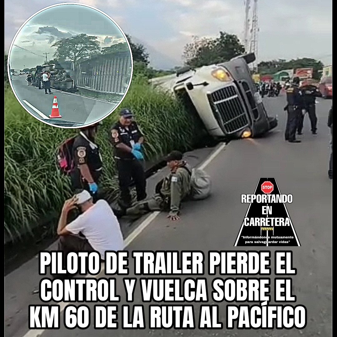 ReportandoEC's tweet photo. #ESCUINTLA 
El piloto y seguridad de un vehículo pesado resultaron heridos esta tarde de miércoles 11 de junio,cuando el trailer en el que se conducía volcó sobre el km60 de la ruta al pacífico, en dirección hacia Siquinalá. https://t.co/T4VqDvUuql