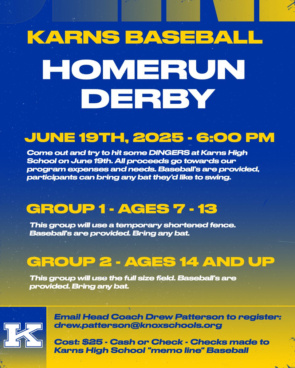 ANYONE IS WELCOME! Let’s see who can hit some Bombs at the Dam! This will be a blast! Sign up now. ⚾️💣

<a href="/AthleticsKarns/">Karns Athletics</a>