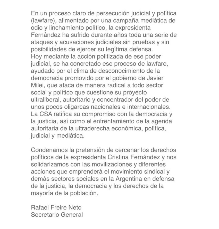 La Confederación Sindical de las Américas rechaza la condena a prisión de Cristina Kirchner y denuncia el clima de persecución antidemocrática en Argentina