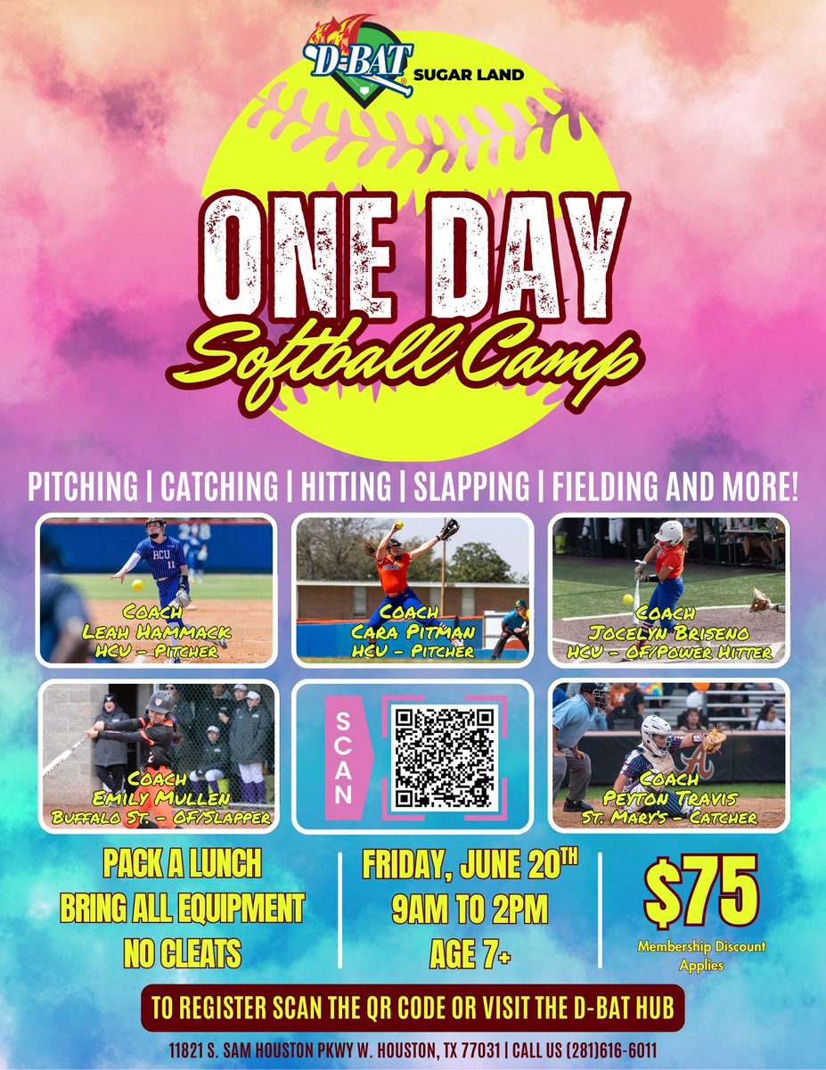 Summer camp opportunity offered by HCU, St. Mary's  and Buffalo State players!! 

Located in Sugarland  

Friday June 20th

9am-2pm

Age 7+

$75