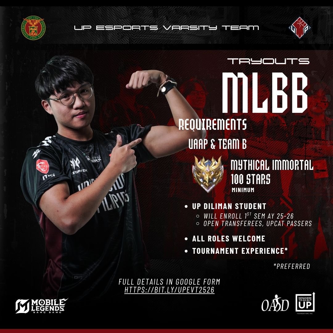 up_evt's tweet photo. UP MLBB TEAM

Requirements:
Mythical Immortal (min. 100 stars)

Will enroll in UP Diliman 1st Sem AY 2025-2026
Including Transferees and UPCAT Passers https://t.co/F1twZ0DuWf