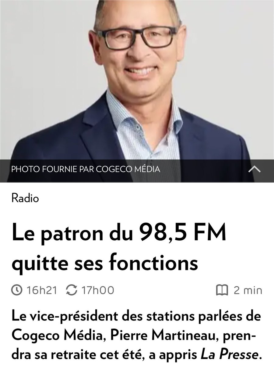 Anthony Martineau (@antho_martineau) on Twitter photo Quand jâĂ©tais jeune, mon pĂšre mâa dit: «ton attitude + tes aptitudes vont rĂ©vĂ©ler ton altitude».
Aujourdâhui, câest le cĆur rempli de fiertĂ© que je tâai entendu annoncer ta retraite. 
MĂȘme en dirigeant la station de radio numĂ©ro un au Canada, tu es toujours restĂ© humble, Quand jâĂ©tais jeune, mon pĂšre mâa dit: «ton attitude + tes aptitudes vont rĂ©vĂ©ler ton altitude».
Aujourdâhui, câest le cĆur rempli de fiertĂ© que je tâai entendu annoncer ta retraite. 
MĂȘme en dirigeant la station de radio numĂ©ro un au Canada, tu es toujours restĂ© humble,