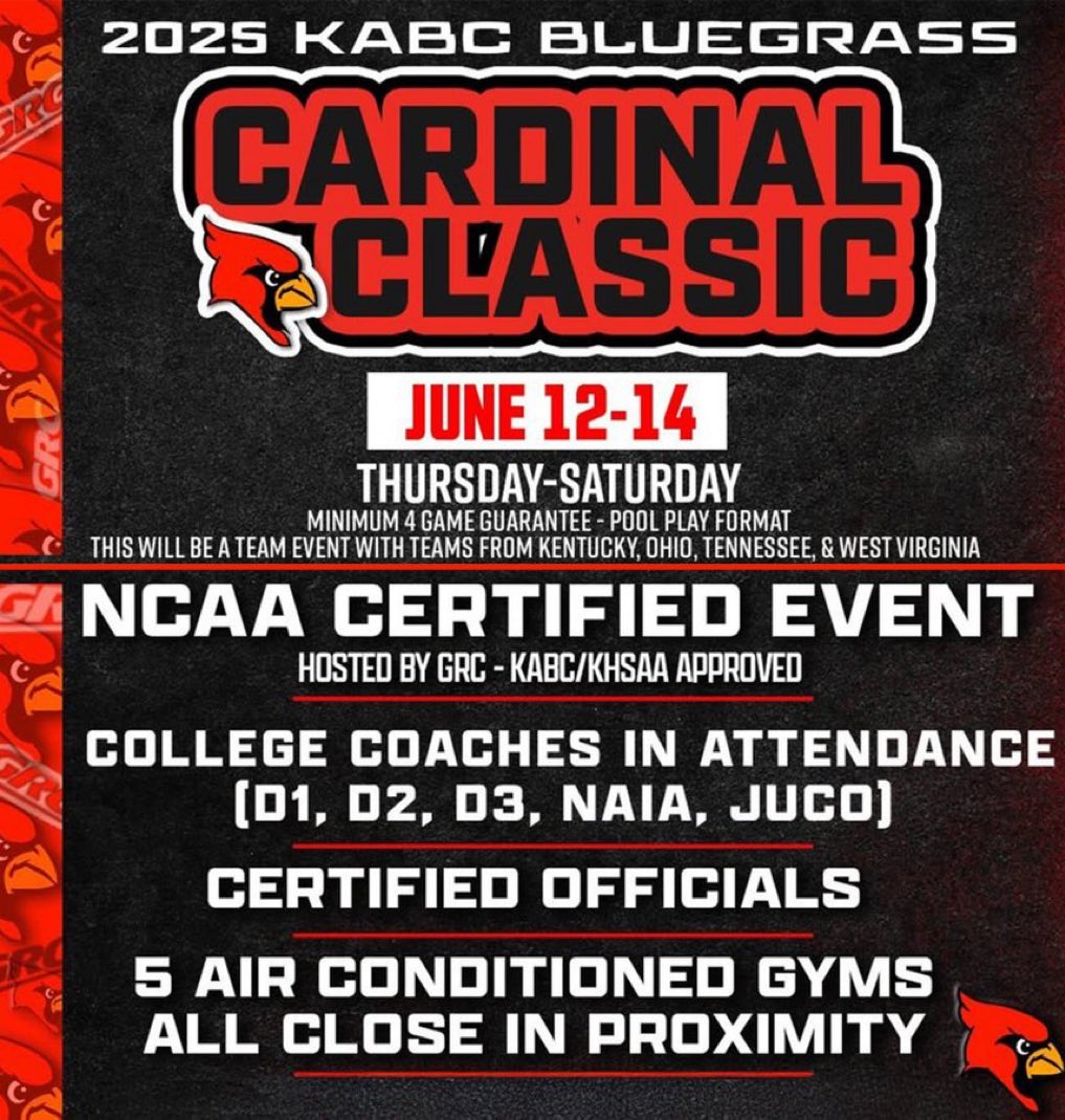 GRC Hoops (@grc_hoops) on Twitter photo The 2025 KABC Bluegrass Cardinal Classic is here!
Two teams from GRC will be competing on Day 1:
Thursday, June 12
12:00 pm GRC JV vs Pendleton County (RDC)
6:00 pm GRC vs Pikeville (GRC Arena)
7:00 pm GRC JV vs Greenwood (RDC)
<a href="/CoachRDG/">Robbie Graham</a> <a href="/cardinal_classc/">Bluegrass Cardinal Classic</a> <a href="/MatthewPCizek/">Matt Cizek</a> The 2025 KABC Bluegrass Cardinal Classic is here!
Two teams from GRC will be competing on Day 1:
Thursday, June 12
12:00 pm GRC JV vs Pendleton County (RDC)
6:00 pm GRC vs Pikeville (GRC Arena)
7:00 pm GRC JV vs Greenwood (RDC)
<a href="/CoachRDG/">Robbie Graham</a> <a href="/cardinal_classc/">Bluegrass Cardinal Classic</a> <a href="/MatthewPCizek/">Matt Cizek</a>