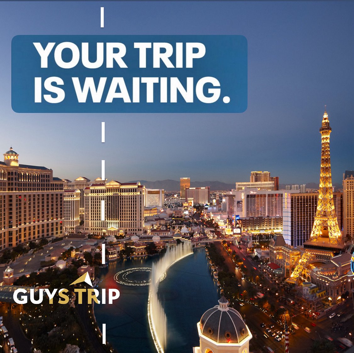 Vegas isn’t calling. It’s shouting. 🎰🍾 The lights, the nights, the unforgettable stories—this is your sign. Tag the crew. Pack the bags. Let’s make it a Guys Trip. #GuysTrip #VegasNights #BachelorPartyVibes #BellagioViews #EiffelTowerVegas #YourTripIsWaiting
 #JustShowUp
