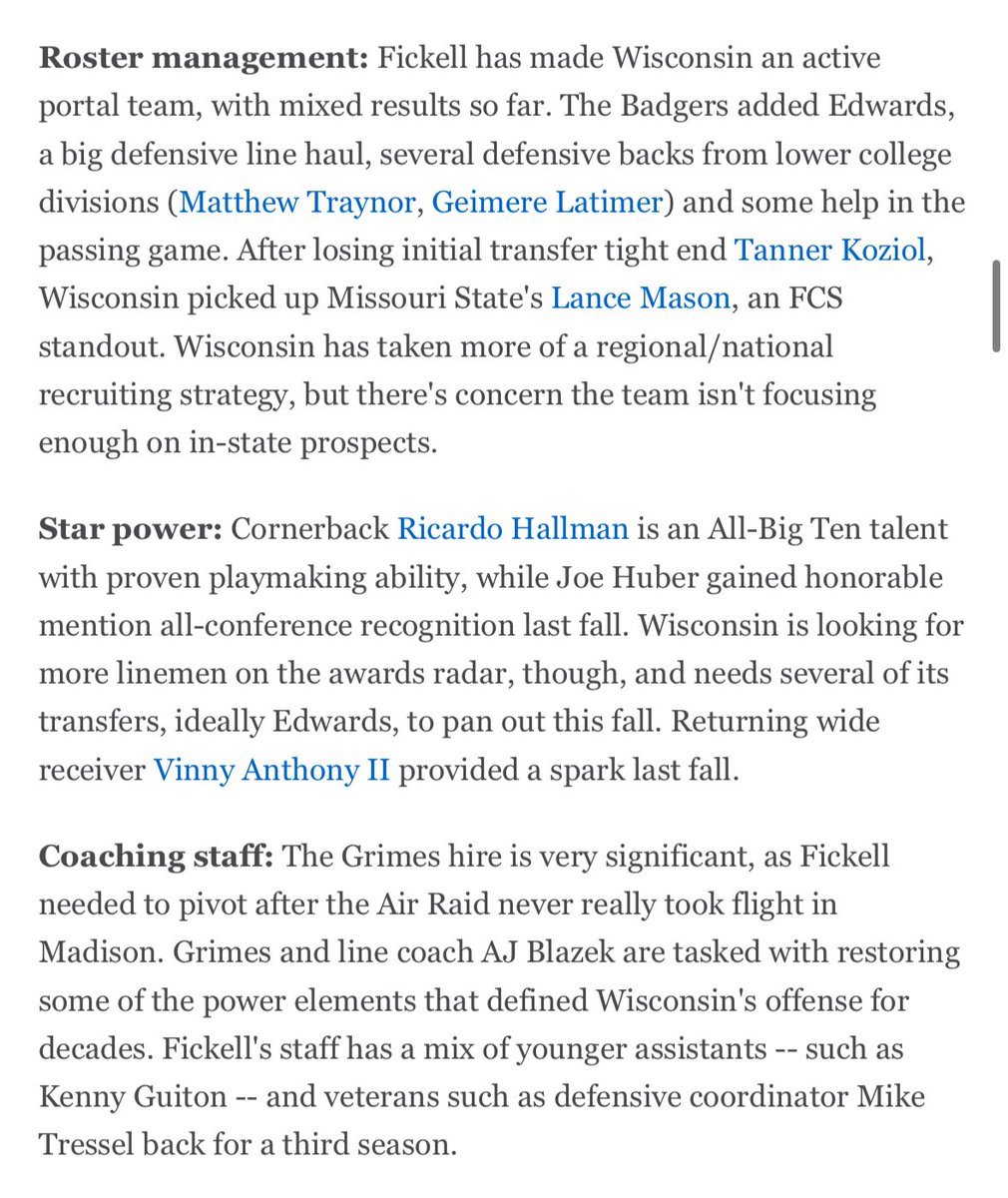 Wisconsin ranked 54th out of 68 “Power 4” teams in ESPN’s College Football Future Power Rankings 🤔