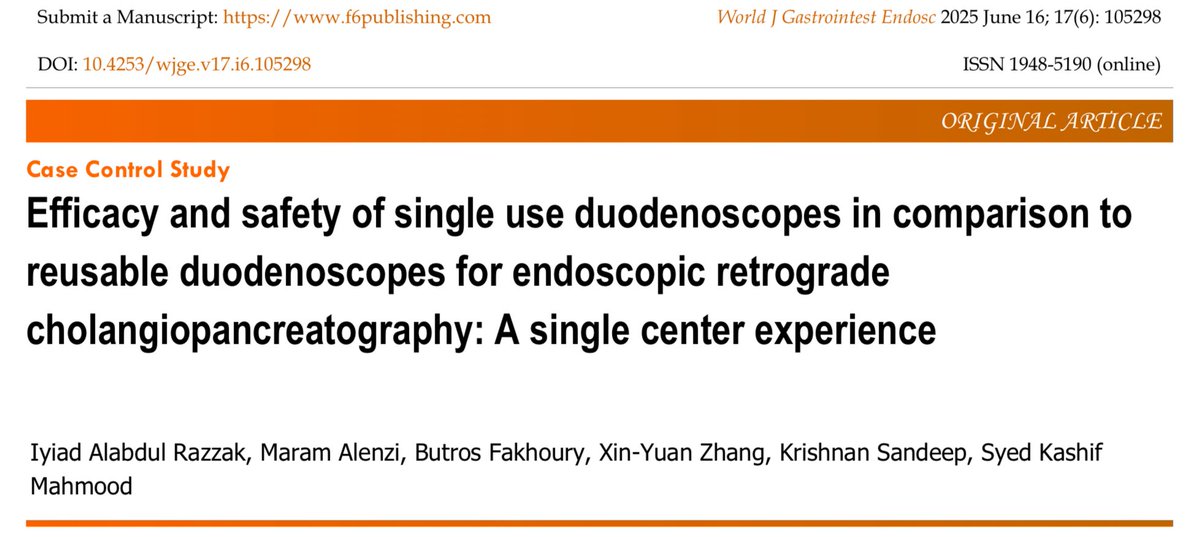 Syed Kashif Mahmood, MD MPH FASGE (@kashmahmoodmd) on Twitter photo 📢 New study alert!
Single-use vs. reusable duodenoscopes in ERCP:
🔹 No difference in safety/efficacy
🔹 Similar AEs & 30-day readmissions
🔹 Occasional intra-procedural crossover to reusable scopes needed
🔹 More data needed on cost & environmental impact
👏 Kudos to 📢 New study alert!
Single-use vs. reusable duodenoscopes in ERCP:
🔹 No difference in safety/efficacy
🔹 Similar AEs & 30-day readmissions
🔹 Occasional intra-procedural crossover to reusable scopes needed
🔹 More data needed on cost & environmental impact
👏 Kudos to