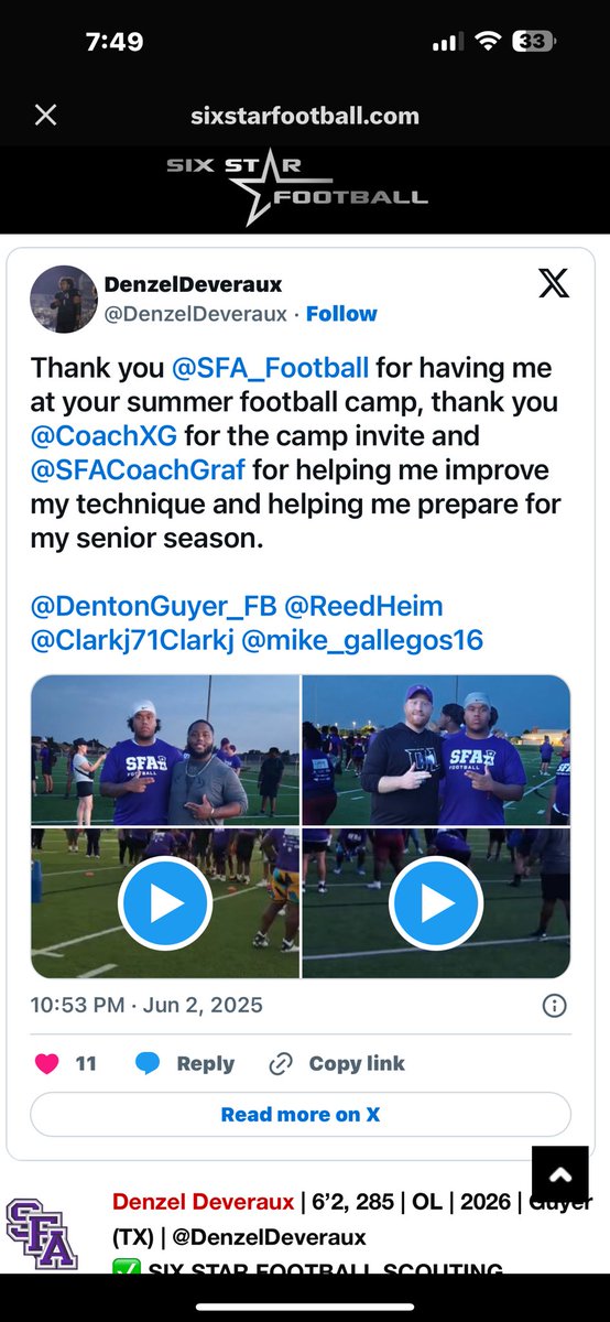 DenzelDeveraux's tweet photo. Thank you @sixstarfootball for the write about @SFA_Football camp had a great time there 
@DentonGuyer_FB @ReedHeim https://t.co/8LN07kchPt