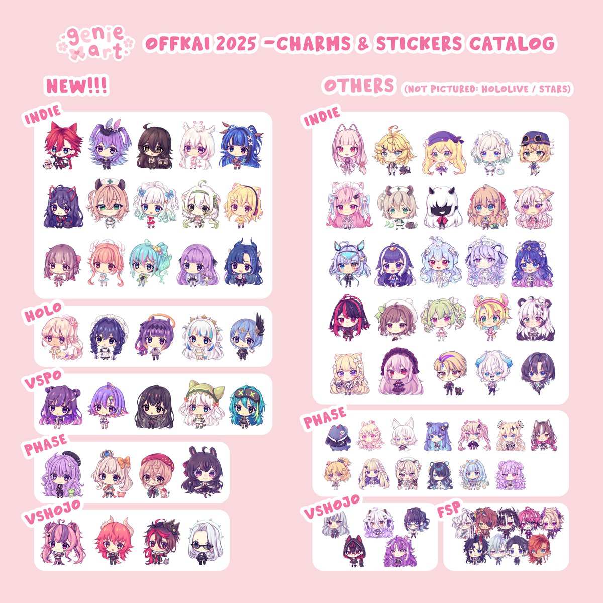 genieart_'s tweet photo. hiii #OffKaiGen4 |˶˙ᵕ˙ )ﾉﾞ🩷

here's my charm / sticker catalog~
the left side is all new!!! 😮‍💨

some will be only stickers, some only charms, some both.
dependent on if they arrive on time 🙏

i'll still have my existing hololive / stars designs too! https://t.co/3kIgXIQ2Vv