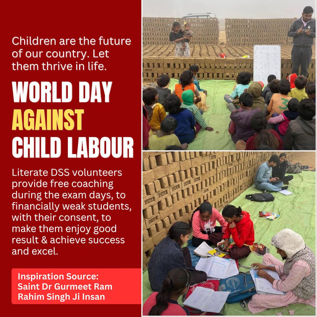 Children should be in school, not working. 

Child labour hurts their growth. Saint MSG inspires Dera Sacha Sauda followers to help them. 

Let’s give every child a happy, safe future.
#WorldDayAgainstChildLabour #EndChildLabour