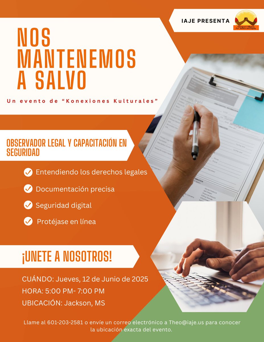 !Unete a IAJE este Jueves a las 5PM para “Konexiones Kulturales”, una noche de cultura, comunidad y empoderamiento! Organizaremos una capacitacion para observadores legales para aprender a proteger y apoyar a nuestras comunidades.