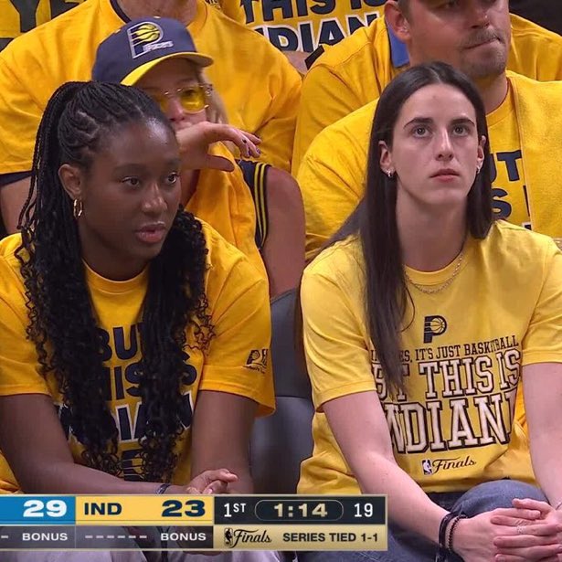 SeanSalai's tweet photo. Looks like the Pacers have some extra bench players tonight — not only Reggie Miller and Mark Jackson, but also Caitlin Clark in the crowd. #GoIndiana https://t.co/Qzm8ac04HM