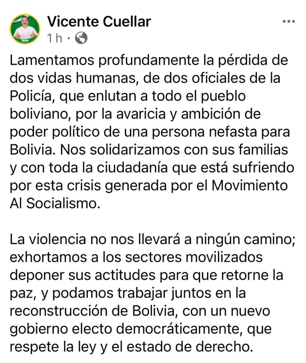 Lamentamos profundamente la pérdida de 2 vidas. Nos solidarizamos con sus familias y con toda la ciudadanía que está sufriendo por esta crisis generada por el MAS.
Exhortamos a los sectores deponer sus actitudes para que retorne la paz.