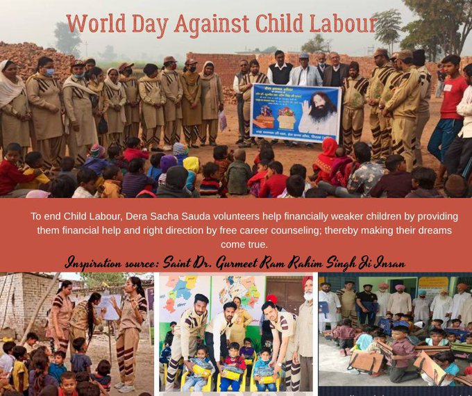 आजकल के समय में बाल मजदूरी बहुत बढ़ गई है, इसे रोकने के लिए Saint MSG की प्रेरणा से DSS के अनुयायी आर्थिक रूप से कमजोर बच्चों को किताबें, खिलौने, कपड़े आदि उपलब्ध कराते हैं ताकि वे पढ़-लिख सकें और एक खुशहाल जीवन जी सके।
 #WorldDayAgainstChildLabour
#EndChildLabour
