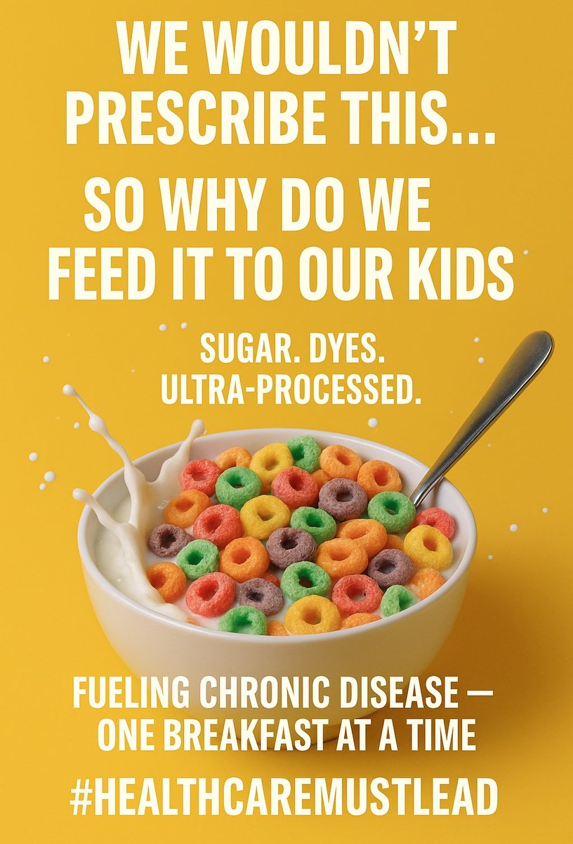 We wouldn’t prescribe ultra processed sugar &amp; dyes to kids—
So why serve them in cereal?

 Eye opening study <a href="/JAMA_current/">JAMA</a>

jamanetwork.com/journals/jaman…

🥣 1 bowl = 4 tsp sugar + artificial dyes
🧠 Disrupts gut, fuels chronic disease
🏥 #HealthcareMustLead: 🛑 normalizing toxic food.