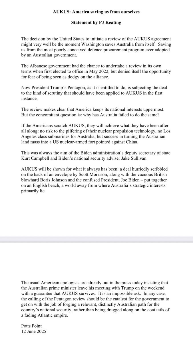 #BREAKING

New damning statement by Paul Keating on #AUKUS in response to US review. 

Says it was a deal “scribbled on the back of an envelope” by a “confused” Joe Biden and “blowhard” Boris Johnson with Scott Morrison going blindly along.

The former PM says the US review