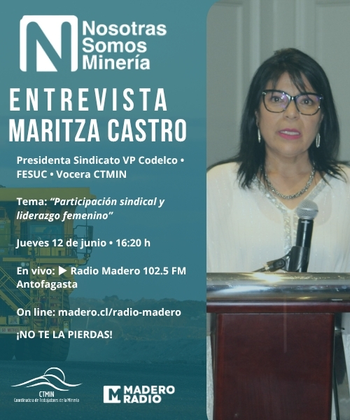 🎙️ Este jueves 12 de junio a las 16:20 hrs, escucha a Maritza Castro en Radio Madero 102.5 FM 📻

▶️ En vivo: madero.cl/radio-madero
📺 FB Live: facebook.com/maderocl

#CTMIN #RadioMadero #NosotrasSomosMinería #LiderazgoFemenino