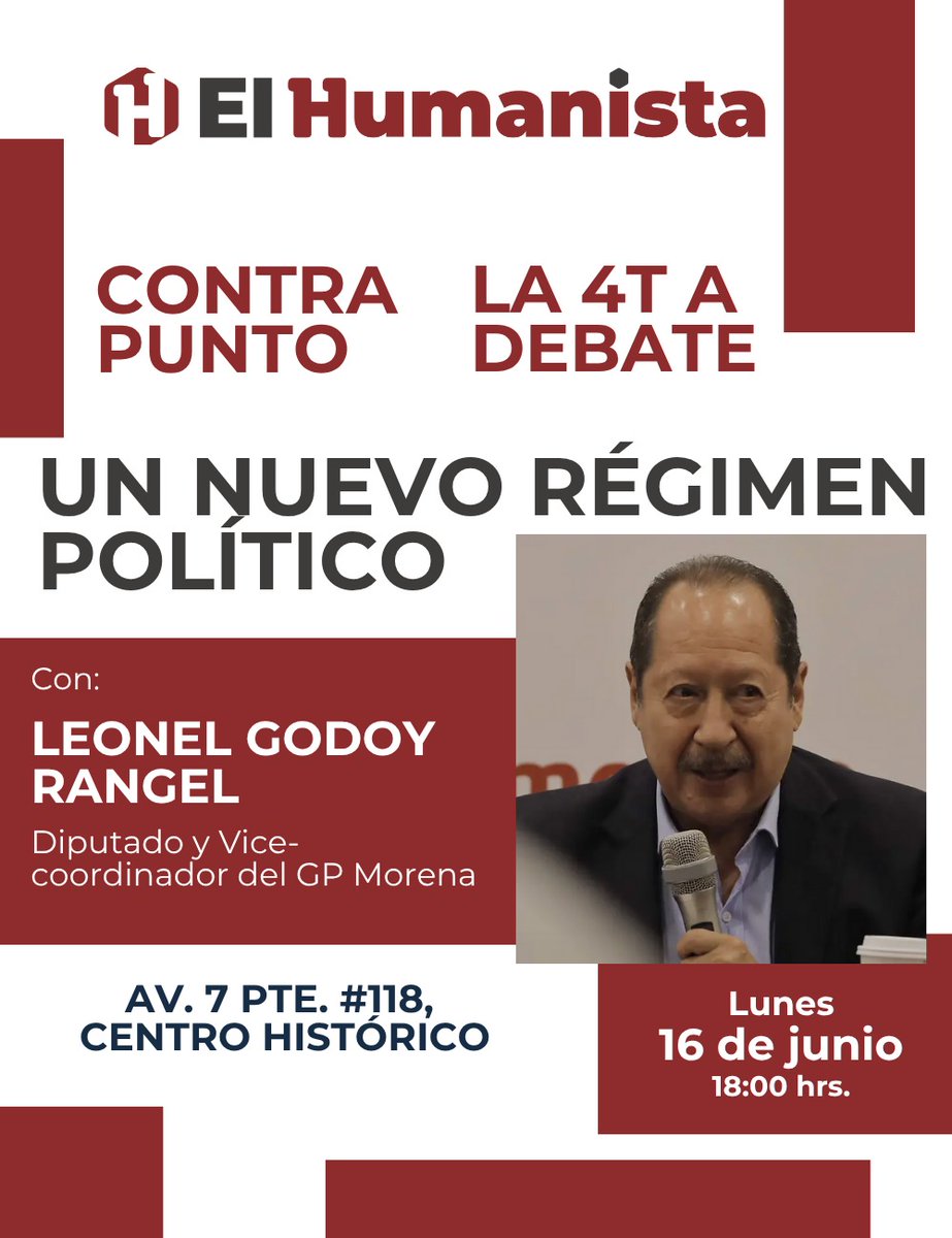 Elhumanista (@humanistapue) on Twitter photo En la disputa por la narrativa, la izquierda se fortalece con reflexión y en el debate.
"Un nuevo régimen político".
Expone el compañero diputado
<a href="/leonelgodoy/">Leonel Godoy Rangel</a>
📅 Lunes 16 de junio
🕕 18:00 horas
📍7 poniente 118 CH
Los esperamos. En la disputa por la narrativa, la izquierda se fortalece con reflexión y en el debate.
"Un nuevo régimen político".
Expone el compañero diputado
<a href="/leonelgodoy/">Leonel Godoy Rangel</a>
📅 Lunes 16 de junio
🕕 18:00 horas
📍7 poniente 118 CH
Los esperamos.