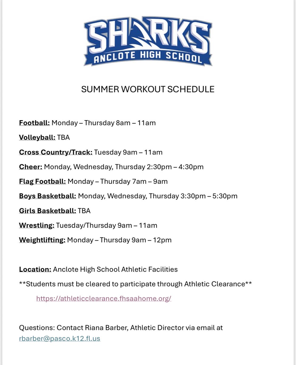 AHS Athletics (@shark_sports22) on Twitter photo Volleyball & Girls Bball will be updated soon! Check out summer workout schedule! <a href="/AncloteSharks/">AHS Sharks</a> Volleyball & Girls Bball will be updated soon! Check out summer workout schedule! <a href="/AncloteSharks/">AHS Sharks</a>
