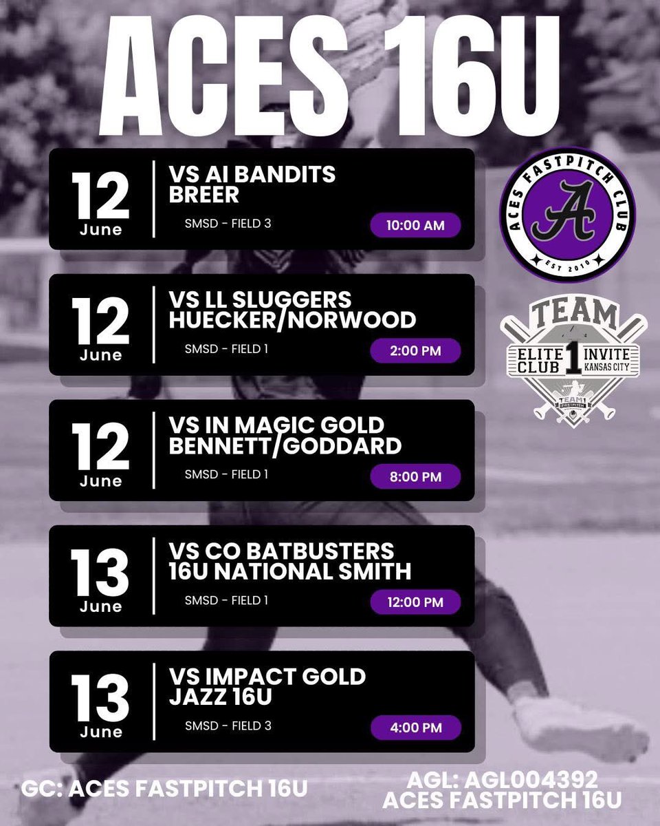 Aces 16U are in KC for the <a href="/Team1_fastpitch/">Team 1 Fastpitch</a> Elite Club Invite. Pool play starts tomorrow!! 💜🩶🥎
<a href="/Aces_SoftballKC/">Aces Softball</a> 
<a href="/STayTaylor18/">Taylor Taylor</a> 
<a href="/rktaylor12/">RK Taylor</a>