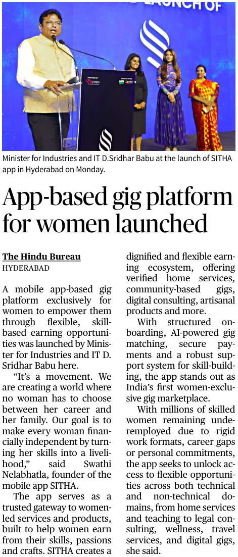 IT Minister <a href="/OffDSB/">Sridhar Babu Duddilla</a> launches SITHA, a groundbreaking app-based gig platform for women. Empowering flexible, skill-based earning opportunities, it’s a movement to support every woman’s career choice. #TelanganaRising2047  #WomenEmpowerment <a href="/the_hindu/">The Hindu</a>