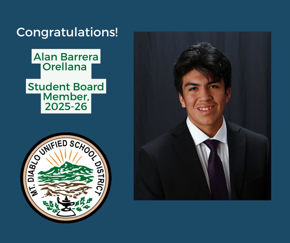 MDUSD is pleased to announce the appointment of Alan Barrera Orellana as the Student Board Member for 2025-26, when he will be a senior at Concord High School. Alan will be sworn into office at the August 13th Board meeting. Please help us welcome Alan to his new leadership role!