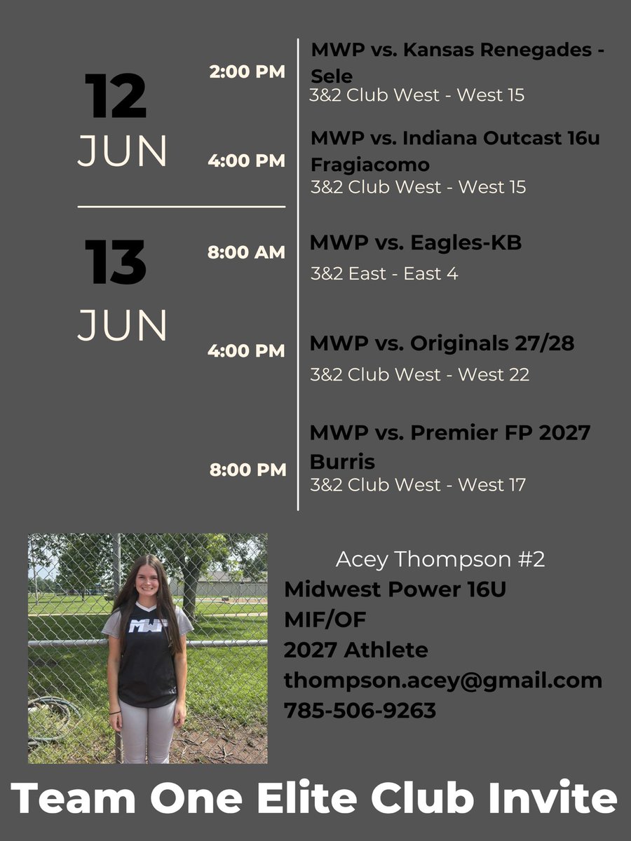 Here’s my schedule for this weekend at the Team One Elite Club Invite Showcase! Would love to see you at a game! Can’t wait to compete💙 <a href="/MidwestPower_SB/">Midwest Power Softball 08/09</a> <a href="/SCCBobcats1/">SCC Bobcat Softball</a> <a href="/Jeffco_softball/">JeffCo Softball</a> <a href="/RockUSoftball/">Rockhurst Softball</a> <a href="/Raven_Softball/">Benedictine Softball</a> <a href="/OKWUeagles_SB/">OKWU Softball</a> <a href="/KckSoftball/">KCKSoftball</a>