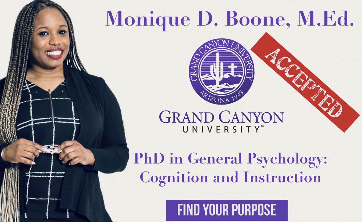 Monique Boone (@mdboone_edu) on Twitter photo 6 weeks ago, a PhD felt out of my reach, but now I’m officially accepted into the <a href="/gcu/">Grand Canyon U</a> Doctoral Program for Psychology: Cognition & Instruction! I’m grateful for those who prayed, encouraged, & believed with me. God opened the door—now the real work begins. #NextLevel #WontHeDoIt 6 weeks ago, a PhD felt out of my reach, but now I’m officially accepted into the <a href="/gcu/">Grand Canyon U</a> Doctoral Program for Psychology: Cognition & Instruction! I’m grateful for those who prayed, encouraged, & believed with me. God opened the door—now the real work begins. #NextLevel #WontHeDoIt