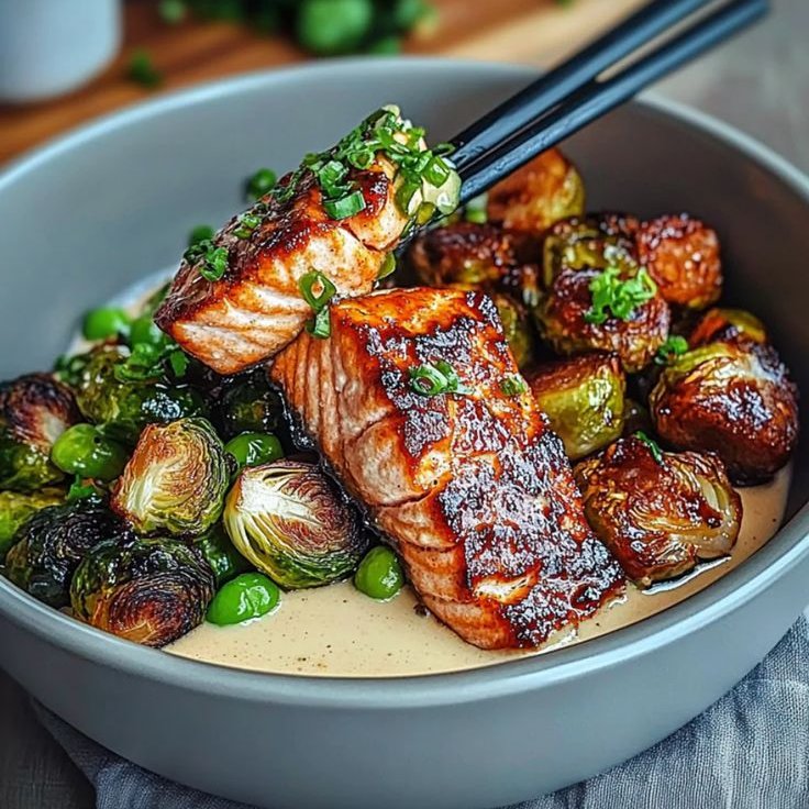 summer_food's tweet image. Teriyaki Salmon Bowls with Crispy Brussels Sprouts