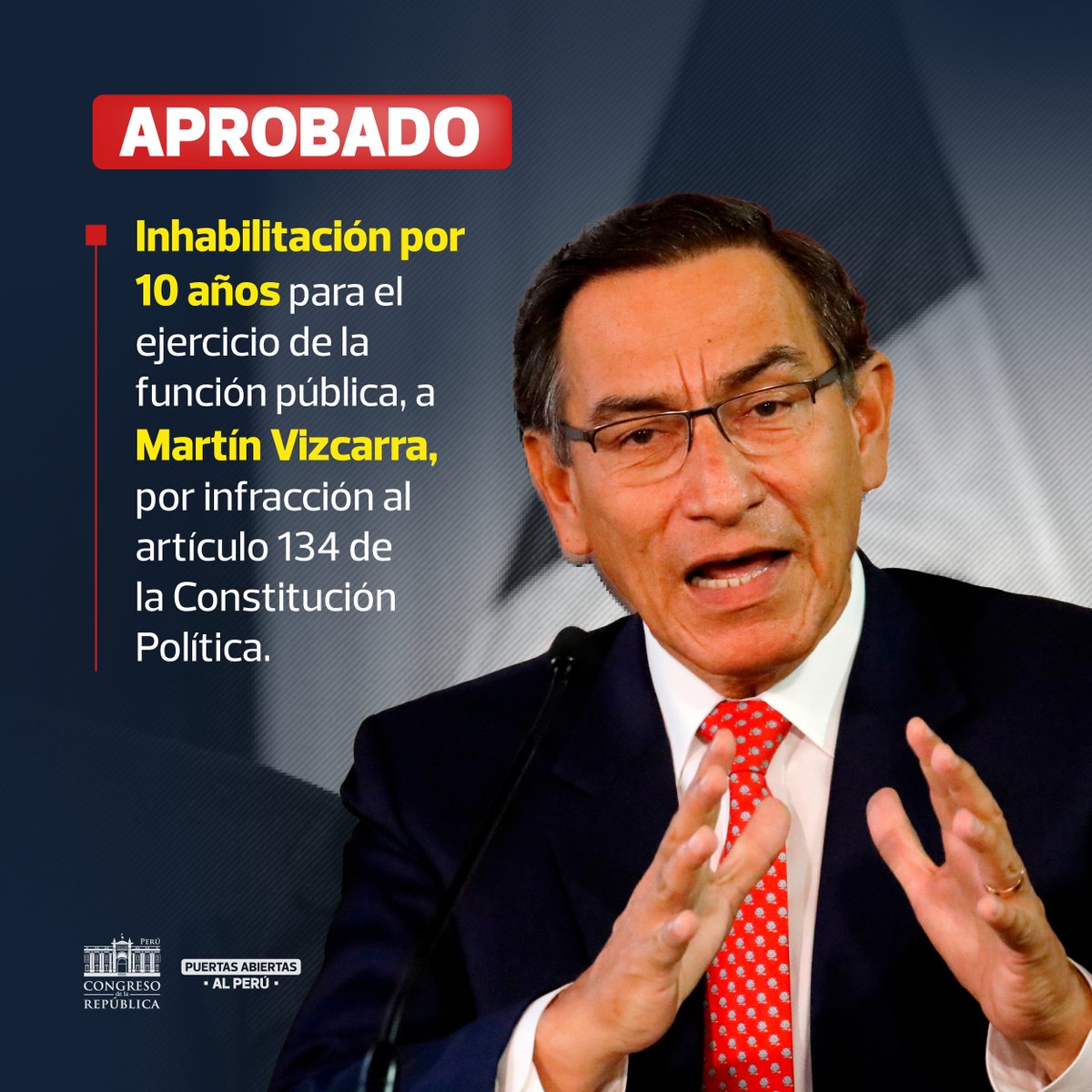 Con 67 votos a favor, la representación nacional aprobó el proyecto de resolución legislativa 10977, que inhabilita por 10 años de la función pública a Martín Vizcarra. #PlenoDelCongreso