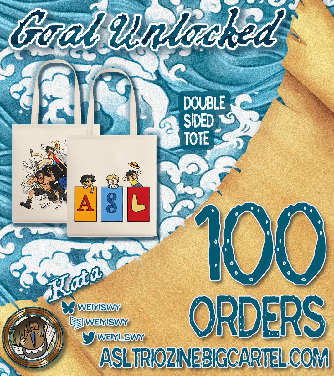 ASL Trio Zine - Creation Period (@asltriozine) on Twitter photo 💙STRETCH GOAL 4 UNLOCKED💙
We did it!!! All Full Bundle orders will include this tote by <a href="/weiyi_swy/">Kata @ AN I72 (Hall A/B)</a> ✨ It’s perfect for carrying around all of your ASL goodies!
Shop: asltriozine.bigcartel.com
#onepiece #ASL #ace #sabo #luffy #zine 💙STRETCH GOAL 4 UNLOCKED💙
We did it!!! All Full Bundle orders will include this tote by <a href="/weiyi_swy/">Kata @ AN I72 (Hall A/B)</a> ✨ It’s perfect for carrying around all of your ASL goodies!
Shop: asltriozine.bigcartel.com
#onepiece #ASL #ace #sabo #luffy #zine