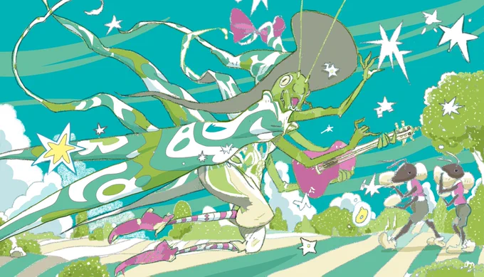 私はこどもの頃に「アリとキリギリス」読んで震え上がったが、いつか老教師に、芸術家にならざるを得ない人には、初めの2枚の絵の中で描いた解釈もあるよと聞いた時から、キリギリスを楽しそうに描くのが大好き…全て歌い尽くせますように…