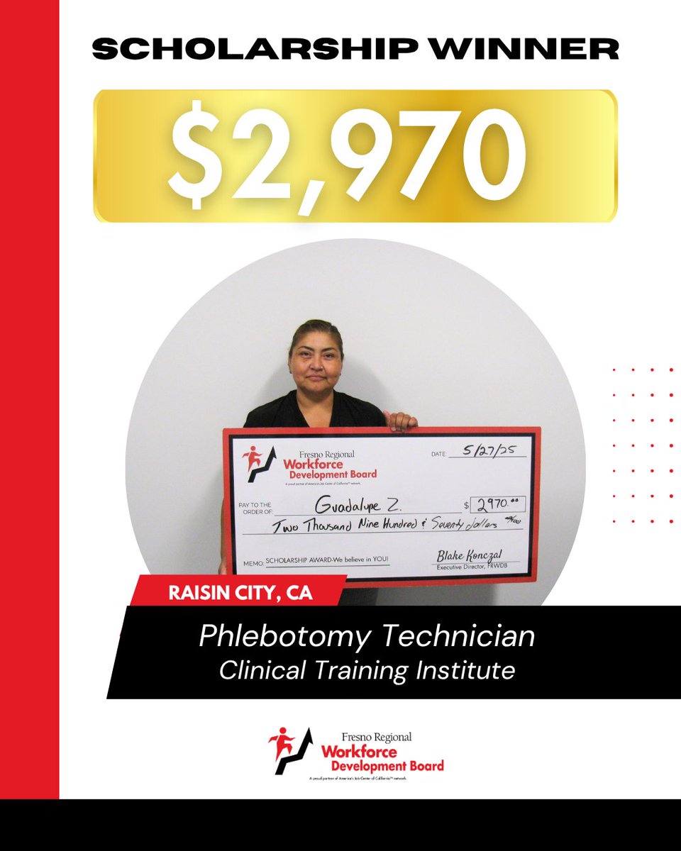 🎉 Congrats to Guadalupe Zuniga from Raisin City!
She’s received a $2,970 scholarship to become a Phlebotomy Technician at the Clinical Training Institute! 💉🩺 Wishing you great success in your healthcare journey! 👏 #ScholarshipSuccess #PhlebotomyCareer