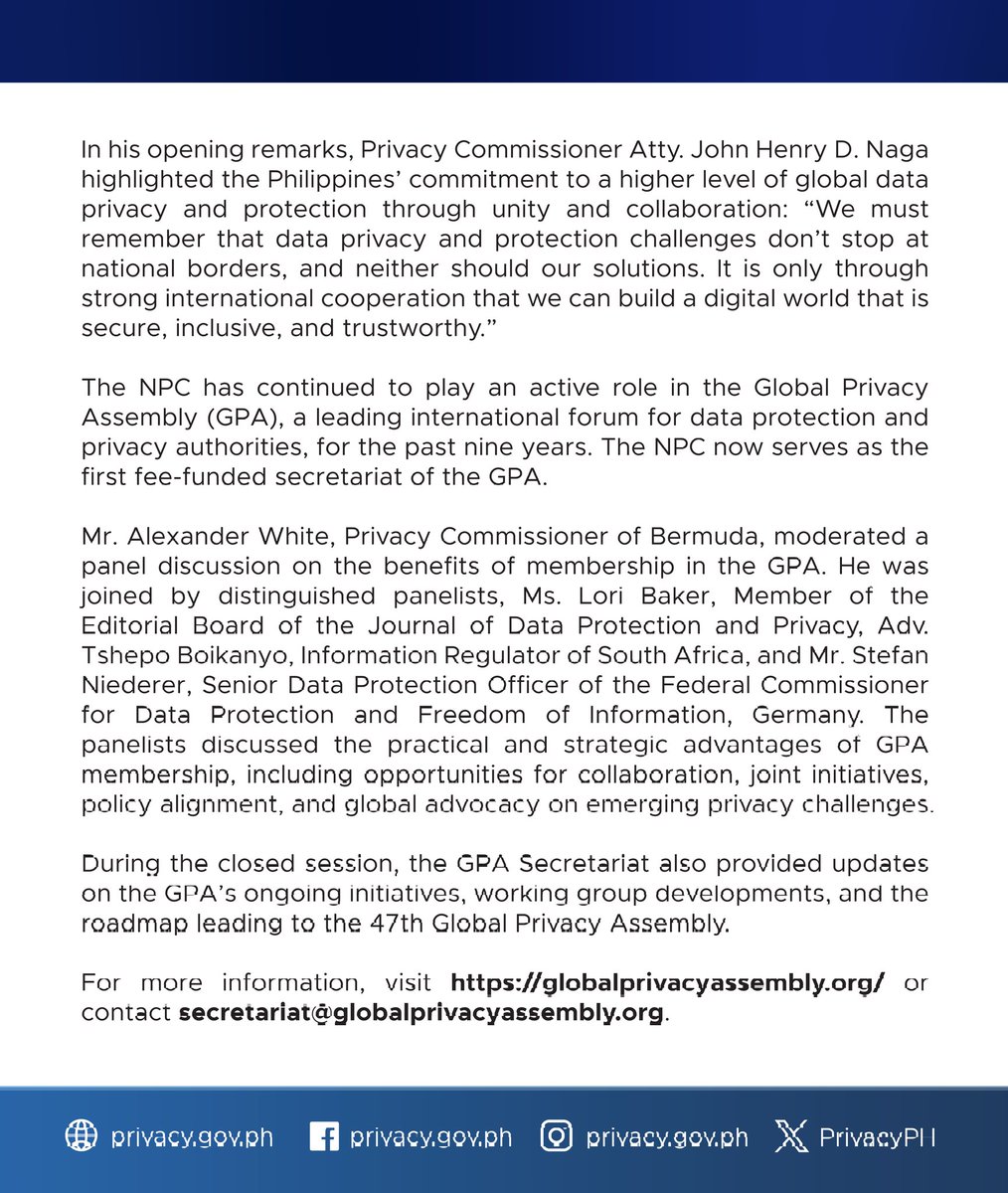 PRESS RELEASE

PH hosts international data privacy authorities to strengthen global cooperation

Read more below or on our website: privacy.gov.ph/ph-hosts-inter…

#PrivacyPH