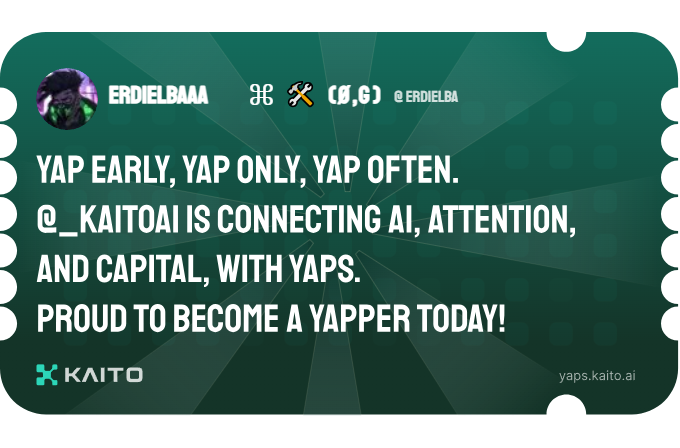 Erdielba's tweet photo. Yap early, yap only, yap often.

@KaitoAI is connecting AI, attention and capital with Yaps.

Just claimed my social card and I'm accumulating Yap points in real-time.

Claim yours 👉 https://t.co/W6sskIsTdH https://t.co/grNbAncSJX