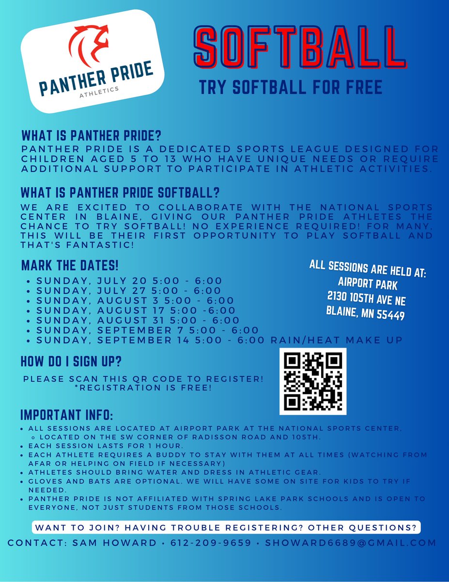 Join Panther Pride Athletics Softball 2025!
Adapted sports program for young children—completely FREE!
Give your child the chance to play, grow, and have fun in a supportive, inclusive forms.gle/LnREYR3uPF51ye…

#adaptedsports #adaptedathletics #pantherprideathletics #youthsports